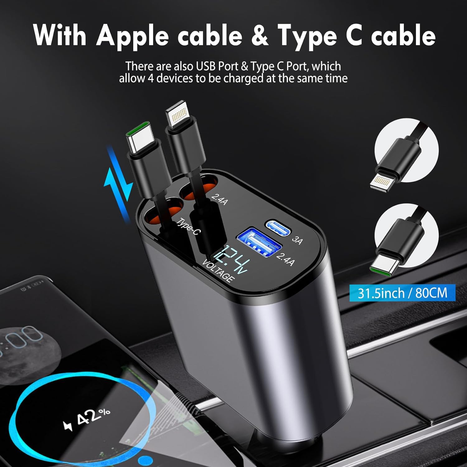Weldots 4 in 1 Retractable Car Charger